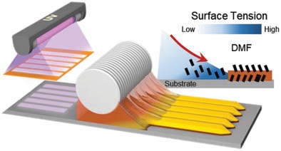 ToC graphic for Solutal-Marangoni-Flow-Mediated Growth of Patterned Highly Crystalline Organic Semiconductor Thin Film via Gap-Controlled Bar Coating