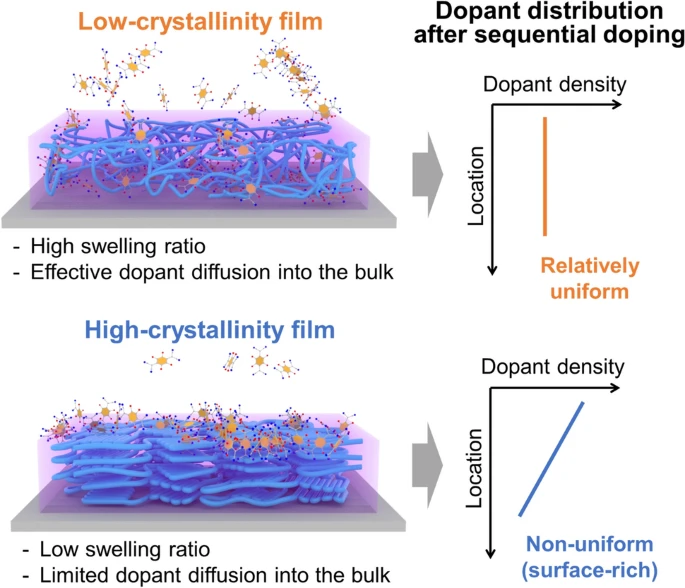 ToC graphic for Effect of Polymer Crystallinity on the Spatial Distribution of Dopant in Sequentially Solution-Doped Conjugated Polymer Thin Films